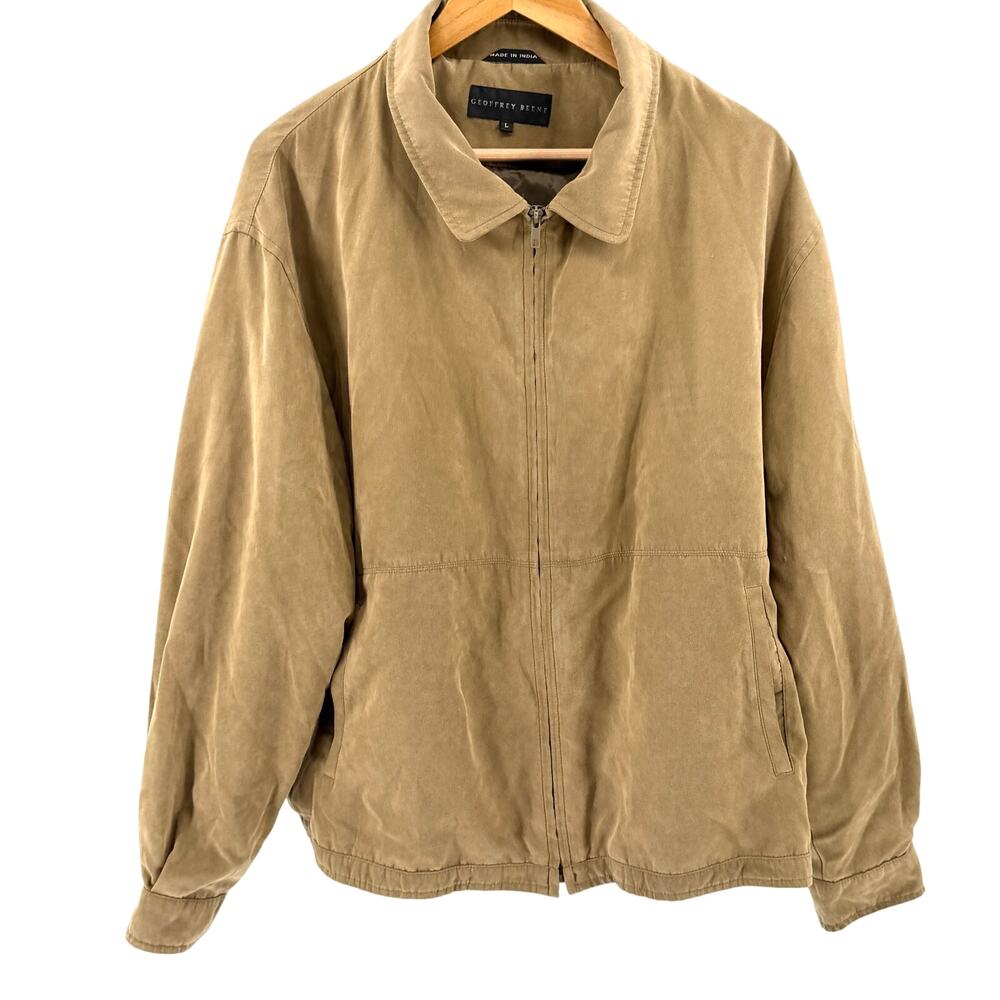 Geoffrey Beene Tan Faux Suede Minimalist Zip Up Harrington Bomber Jacket